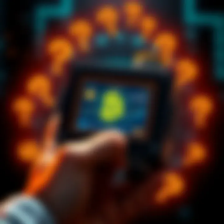 A person holding the One Shot Miner device with a screen showing Bitcoin graphics, surrounded by question marks and dollar signs, indicating skepticism and discussion.