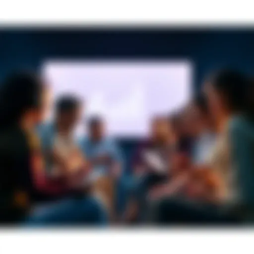 A diverse group of people engaged in an online discussion on their devices, emphasizing community interaction.