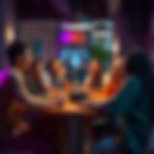 A group of individuals at a table discussing their experiences in an online community, showing both enthusiasm and hesitation
