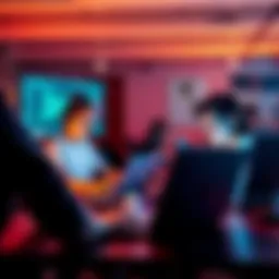 A digital workspace showcasing young people collaborating on laptops during an online hackathon event.