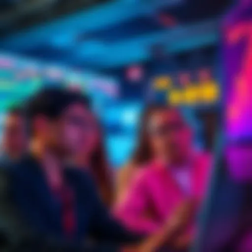 A group of people watching their screens with mixed emotions as digital currency values rise and fall, showing excitement and frustration.