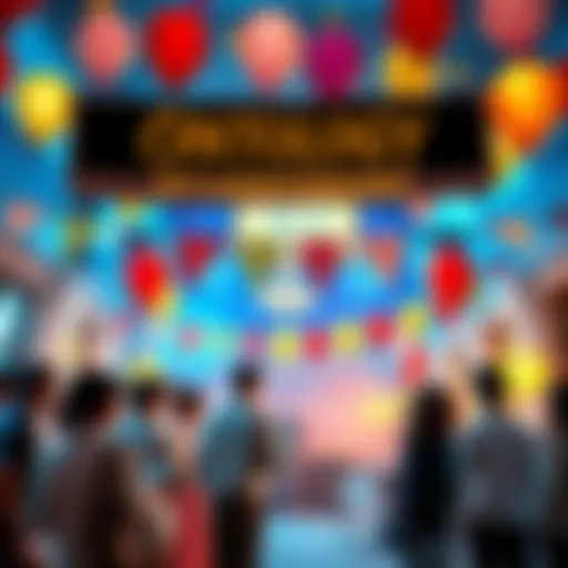 A festive scene with balloons and banners celebrating Ontology's 8th birthday and v3.0.0 upgrade, with people engaging in conversation.