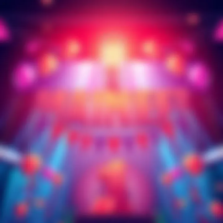 A vibrant celebration with balloons and banners representing Open Mainnet's first anniversary, showcasing a digital theme.