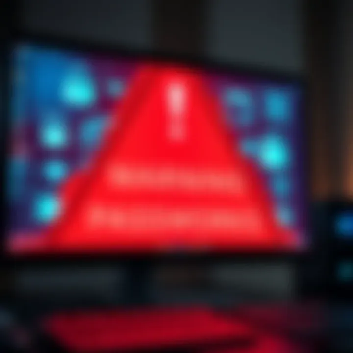 A warning sign on a computer screen showing symbols for passwords and crypto wallets being stolen.