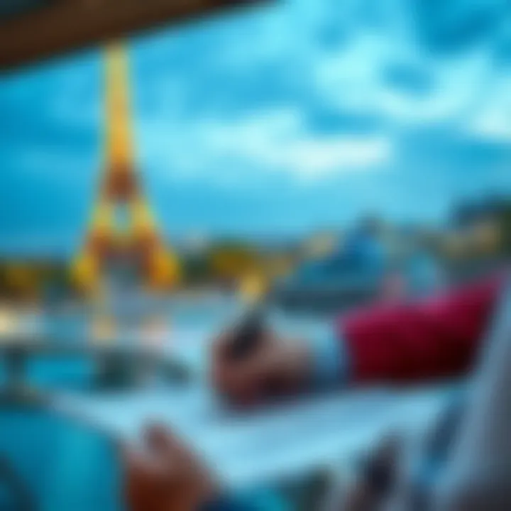 A person filling out a bank application form with the Eiffel Tower in the background, representing the process of opening a bank account in France from abroad.