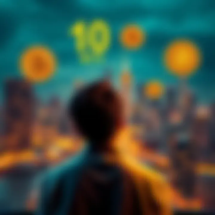 A person contemplating choices with 10 BTC, including investing, selling, and starting a business, set against a backdrop of a city skyline and cryptocurrency symbols
