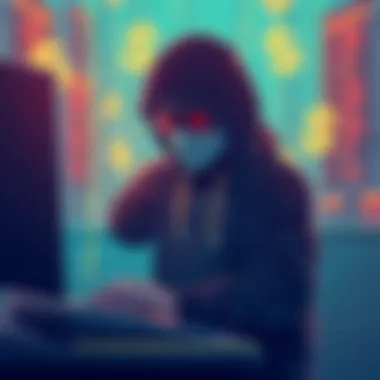 An illustration depicting a hacker manipulating data on a computer screen, with dollar signs in the background to signify stolen money from Bonzo Lend.