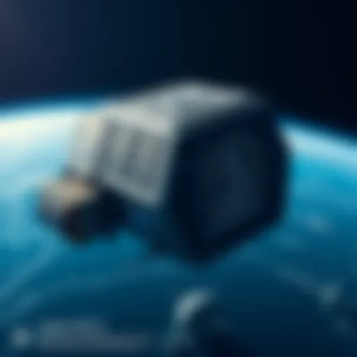 A futuristic orbital data center in space, equipped with solar panels and computer servers, working on Bitcoin mining.