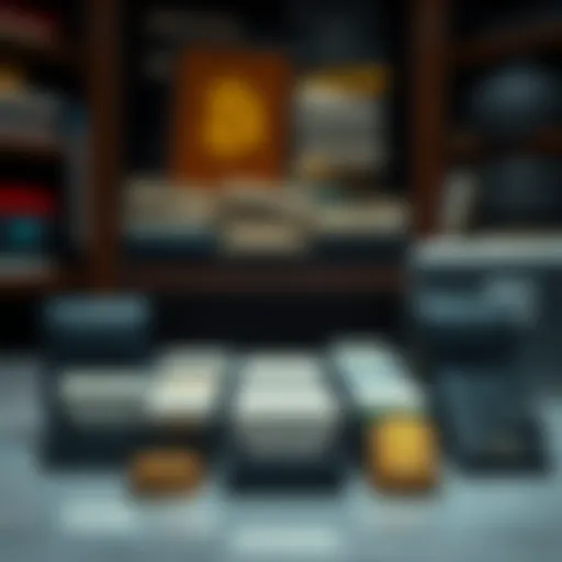 A table displaying multiple labeled cold storage wallets for cryptocurrencies, each neatly organized and color-coded for easy identification.