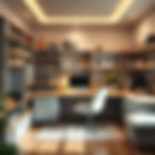 A well-organized home office with stylish storage boxes and shelves, making the most of limited space.