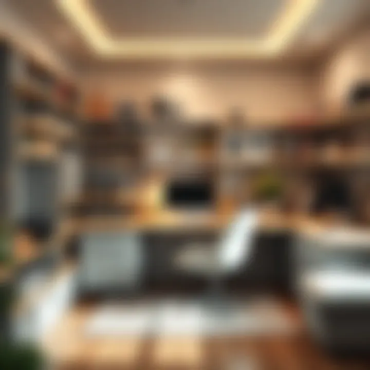 A well-organized home office with stylish storage boxes and shelves, making the most of limited space.