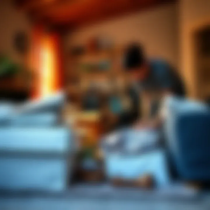 A person sorting through boxes and items in a living room, deciding what to keep and what to discard.