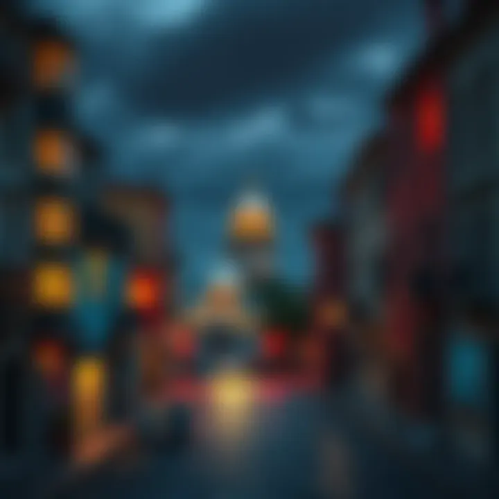 A cityscape in Italy showing darkened buildings and empty streets due to service outages