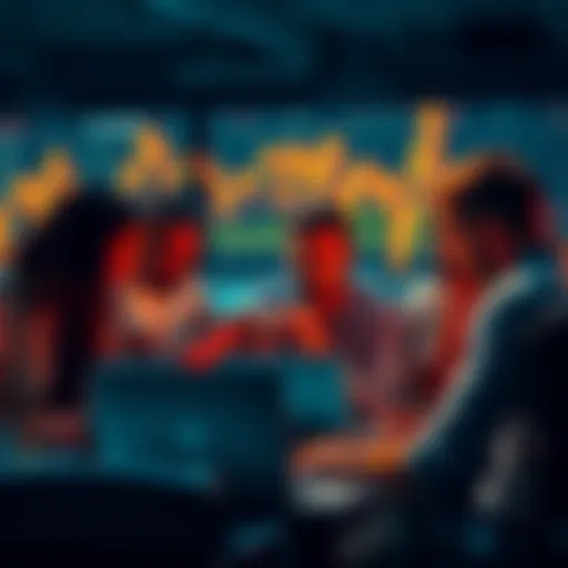 A group of people discussing Bitcoin trading on laptops, highlighting peer-to-peer transactions, with a focus on anonymity in cryptocurrency.
