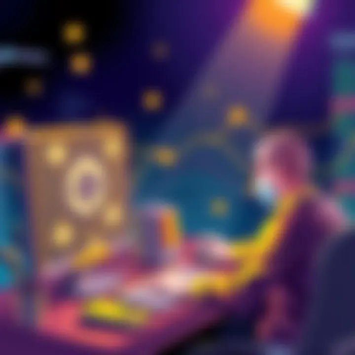 An illustration showing a Binance logo with crypto symbols and a person using a computer to make a P2P transaction