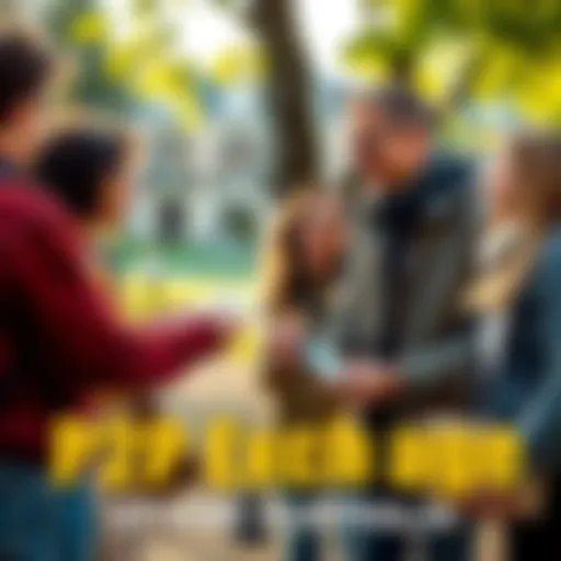 A group of people exchanging items in a park setting, discussing their peer-to-peer transactions with smiles and engaged expressions.