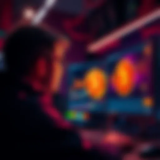 A beginner looking at computer screens displaying P2Pool mining rewards and graphs, with a digital coin overlay
