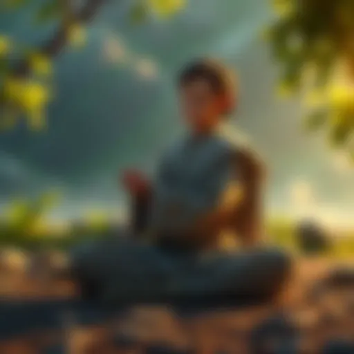 A young Padawan sitting peacefully, meditating in a serene environment, surrounded by nature, reflecting on their journey of growth and learning.