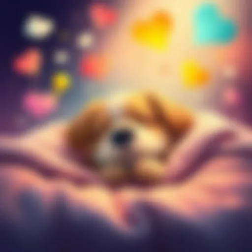 A cozy dog named Padfoot sleeping peacefully on a soft blanket, surrounded by colorful dream bubbles representing friendship and imagination.
