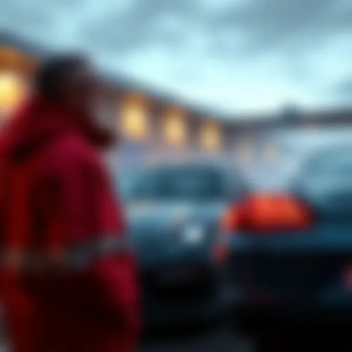 A frustrated seller standing beside a Panamera Turbo, ignoring questions from potential bidders.