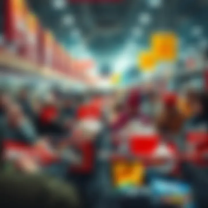 Shoppers filling carts with products during a busy sale, showing signs of urgency and excitement.