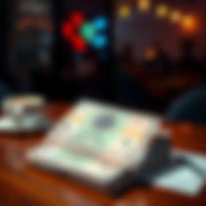 A stack of physical cryptocurrency notes designed for tipping servers, displayed on a table with a coffee cup and a check, showing a practical use case.