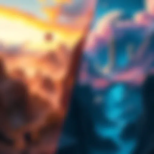 A colorful representation of two parallel universes, showcasing different landscapes and structures, symbolizing alternative realities.