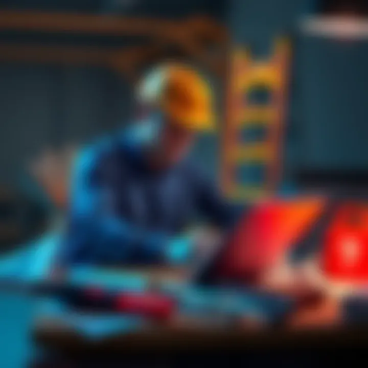 A person working on upgrading a parcel, surrounded by construction tools and blueprints.