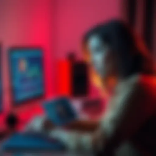 A mother looking at a computer with cryptocurrency symbols on the screen, appearing confused and stressed, while holding a photo of her daughter