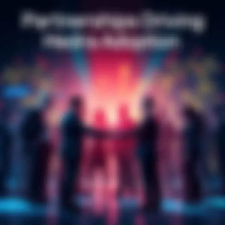 Graphic showing groups of people shaking hands and collaborating, symbolizing strategic partnerships in the Hedera blockchain space.