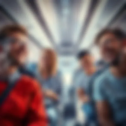 Group of passengers on an airplane laughing together after a funny incident