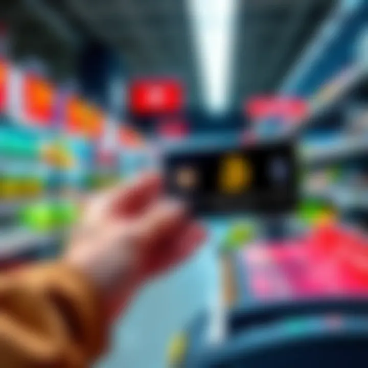 A person using a crypto card to pay at a retail store register, showcasing Bitcoin and Ethereum logos on the card