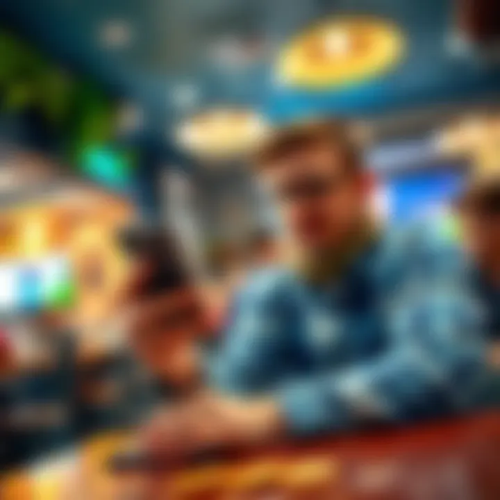 A person making a transaction using Bitcoin on a smartphone at a café, illustrating daily expenses in 2035.