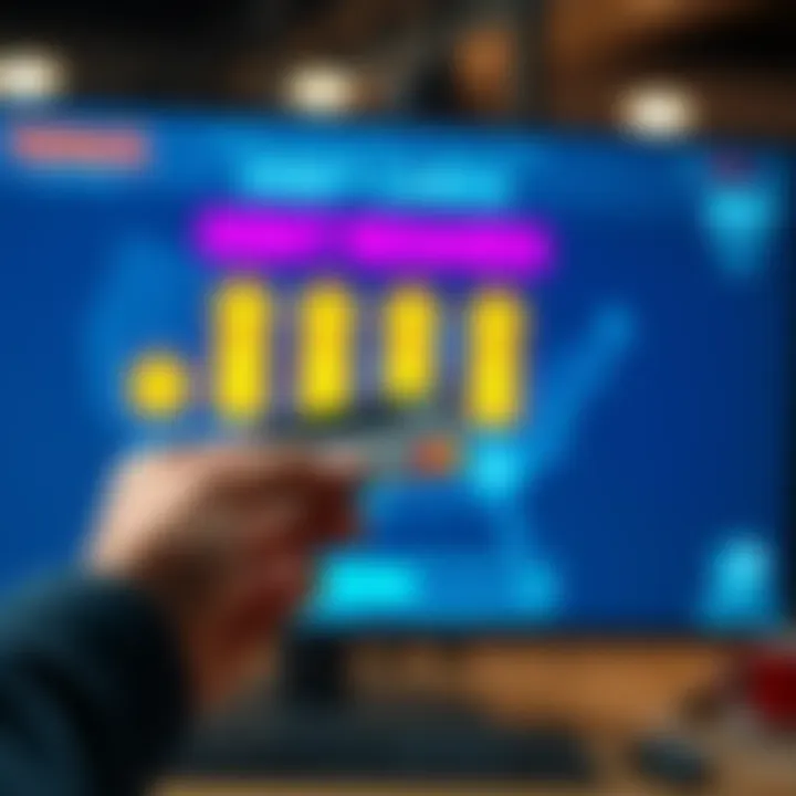 A person using a debit card to pay off a credit card bill, showing rewards points on a screen in the background.