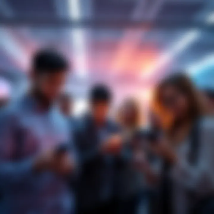 Group of people eagerly checking their phones for payment updates in a bright room.