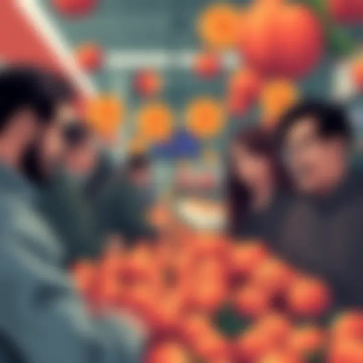 Peach Bitcoin Market Disconnect Illustration of buyers and sellers confused about peach Bitcoin pricing, showing a fruit market with Bitcoin symbols and puzzled expressions.