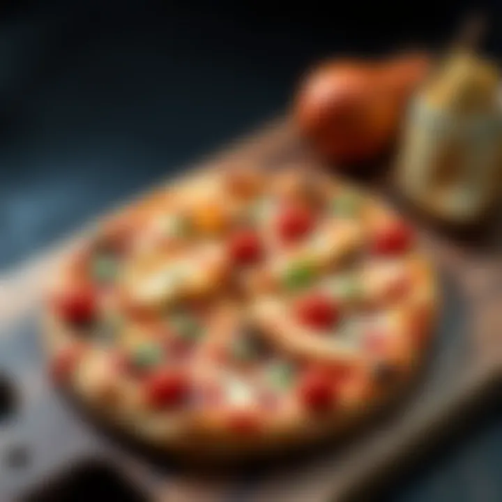 A delicious pizza topped with slices of pear and melted cheese, drizzled with sweet chutney, on a wooden serving board.