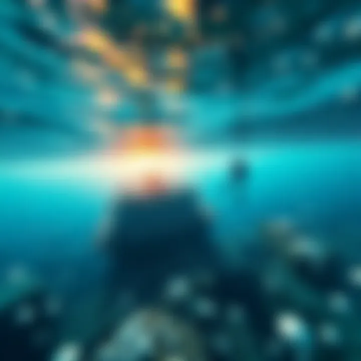 A view of a pearl mining location showing water, divers searching for pearls, and sea life.