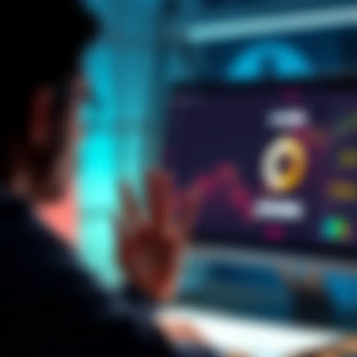 A frustrated user looking at a computer screen with a loading icon, representing a pending payment issue on a blockchain account.