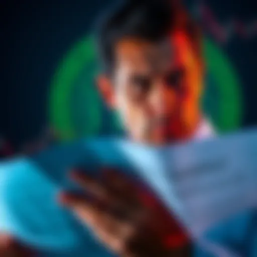 A person looking concerned while reviewing financial documents with a Bitcoin symbol in the background