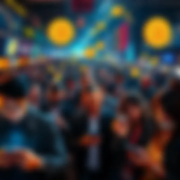 People buying Bitcoin A crowd of people eagerly trading Bitcoin on their devices, showing excitement and urgency in a digital market setting.