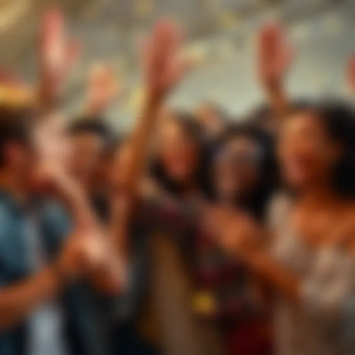 A diverse group of people joyfully celebrating together, their faces filled with happiness and hope, symbolizing belief in miracles.