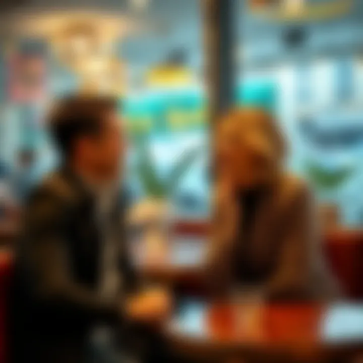 A man and woman engaged in a light-hearted conversation at a cafe, smiling and making eye contact.