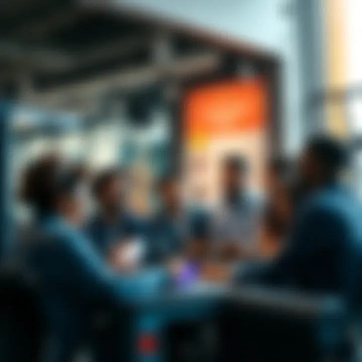A group of diverse people engaged in a lively chat conversation on a computer and mobile devices