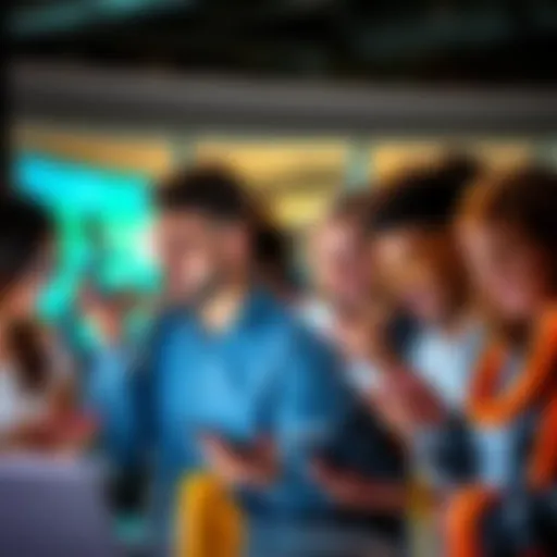 Group of diverse people using smartphones and laptops to connect through social media platforms