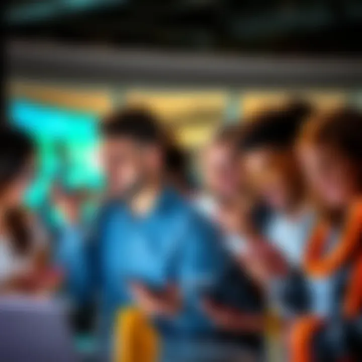 Group of diverse people using smartphones and laptops to connect through social media platforms