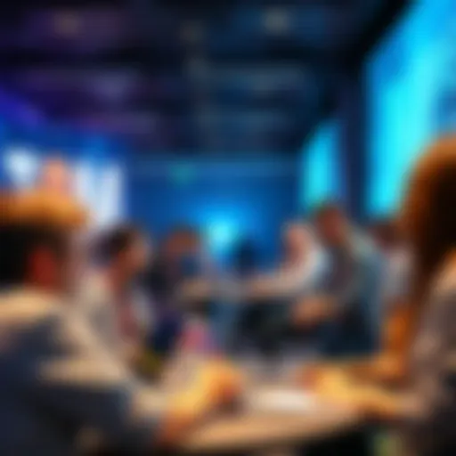 A group of people engaged in discussion and networking at a forum, with laptops and notebooks around them.