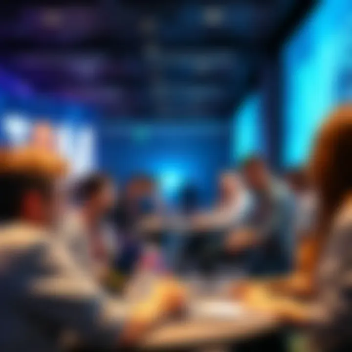 A group of people engaged in discussion and networking at a forum, with laptops and notebooks around them.