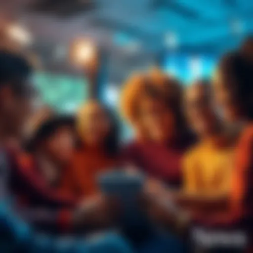 A group of diverse individuals sharing their experiences on a digital forum, smiling and engaging with each other, fostering a sense of community.
