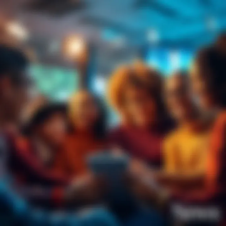 A group of diverse individuals sharing their experiences on a digital forum, smiling and engaging with each other, fostering a sense of community.